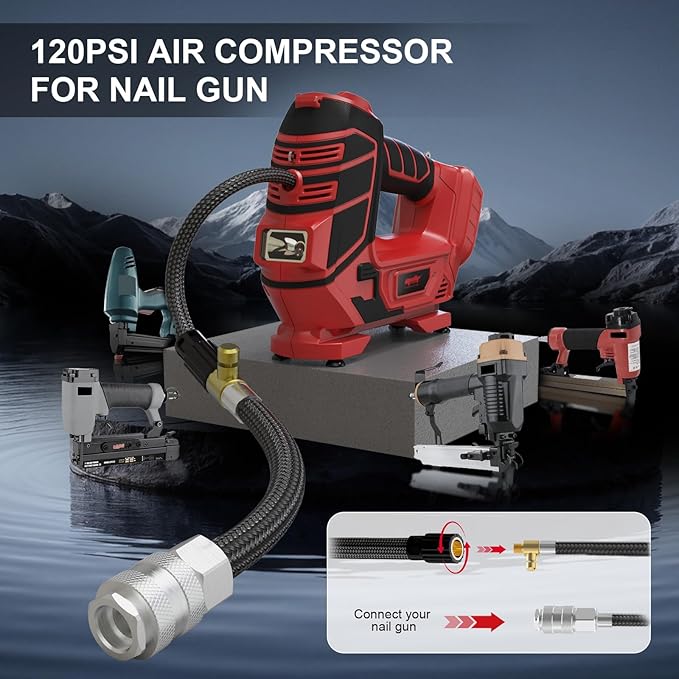 Air Compressor for Pneumatic Brad Nailer Stapler, Compatible with Milwaukee 18V Battery (Tool Only), 120 PSI Oil Free Cordless Portable Compressor, 160PSI Digital Tire Inflator for Pickup, Tire