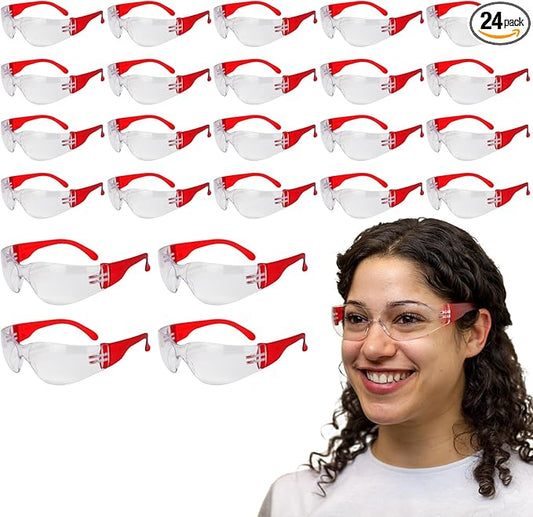 BISON LIFE Clear Lens Color Temple Safety Glasses | One Size, Adult, Youth, Clear Protective Polycarbonate Lens Color Temple, Red, 24 PAIRS