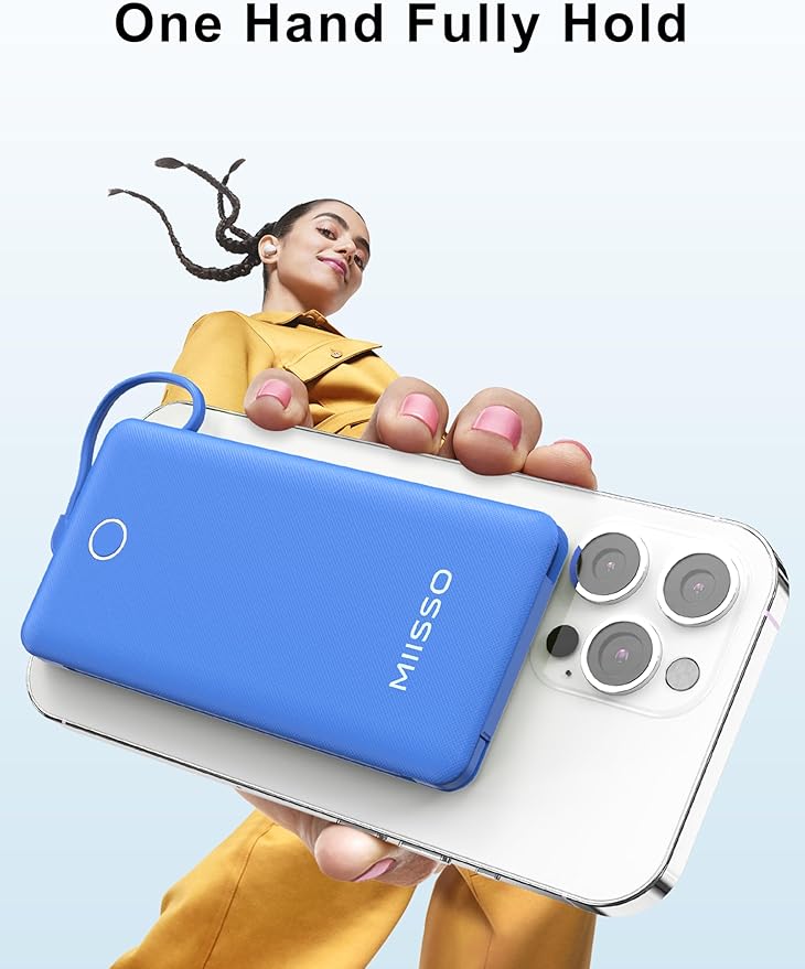 miisso 10000mAh Slim Portable Charger with Built in Cable, Power Bank Travel Charger External Battery Pack for Phone, 4 Output USB Type C Cord Clutch Charger Compatible with iPhone, Deep Blue