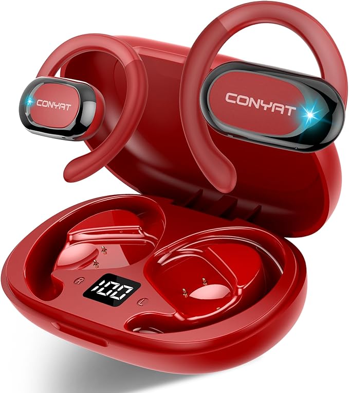 Open Ear Headphones, Wireless Bluetooth 5.4 Earbuds with Big Earhooks, Ultra-Comfort Open Ear Earbuds, 58 Hours HD Stereo Sound Over Ear Earphones, IP7 Waterproof Headset for Workouts, Red