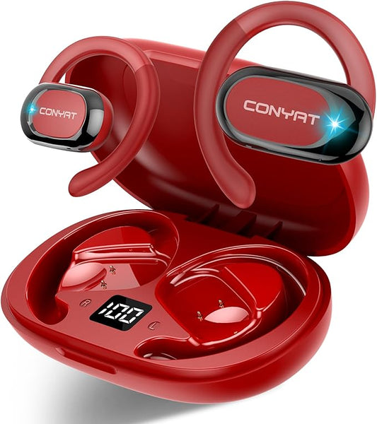 Open Ear Headphones, Wireless Bluetooth 5.4 Earbuds with Big Earhooks, Ultra-Comfort Open Ear Earbuds, 58 Hours HD Stereo Sound Over Ear Earphones, IP7 Waterproof Headset for Workouts, Red