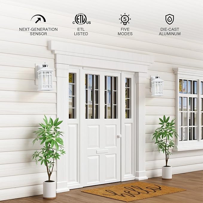 White Motion Sensor Outdoor Lights, 2-Pack Modern Dusk to Dawn Outside Light with 4 Modes, Exterior Lighting Fixtures for House, Entry, Porch, Patio, Garage, Brightness Distance Adjustable