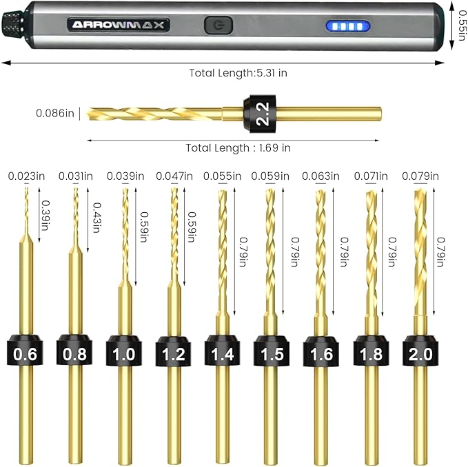 AM ARROWMAX Mini Electric Drill Pen, 13 in 1 with Aluminium case, Rechargeable, 800 RPM, Needle Vise Hand Drill Kit, 10 HSS Bits, DIY, Wood, Jewelry Making (SDS MINI)