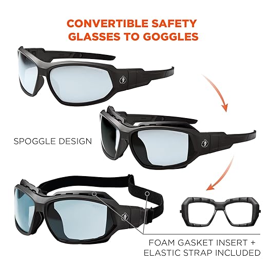 Ergodyne Skullerz Loki Convertible Anti Scratch Safety Spoggles Glasses-Includes Gasket and Strap to Convert to Goggle, Anti Fog