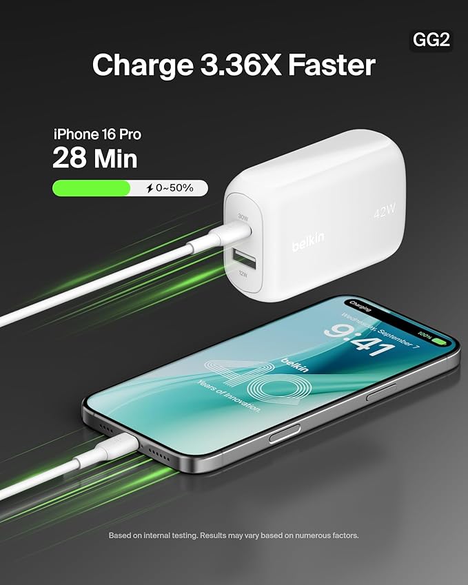 Belkin 42W Dual Port Charger Block, USB-C + USB-A Charger Super Fast Charging - Samsung Galaxy S25, Apple iPhone 16, 15, 14, 13, Pro, Pro Max, iPad, AirPods, Nintendo Switch 2 & More - White