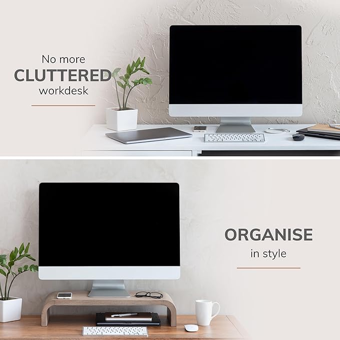 Anji Mountain Wood Monitor Stand Riser Desk Desktop Organizer Table for Home, Office Workspace, Laptop Riser, Ergonomic Design Stand for Gaming Setup, Biscotti