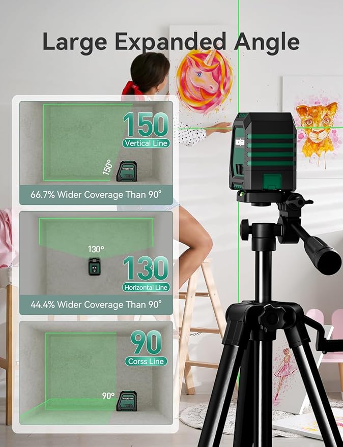 RockSeed Dual Modules Line Laser, Self Leveling Laser Level, Horizontal and 150° Vertical Green Beam, 2 AA Batteries, Carrying Bag, for Home Decoration/DIY/Construction Site