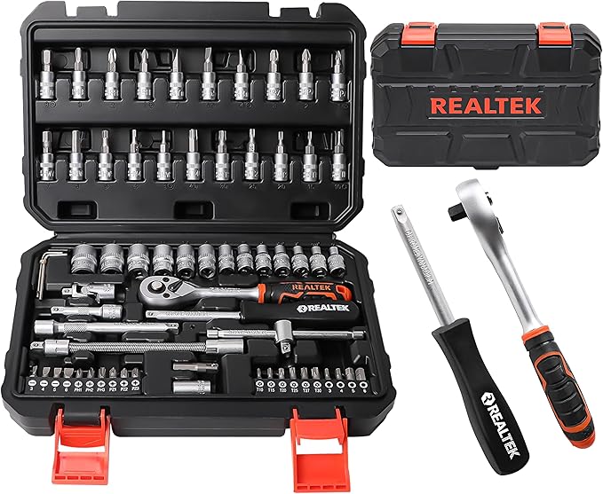 REALTEK 66 Pieces 1/4 inch Drive Socket Set, Ratchet Set with 72 Tooth Reversible Ratchet & Bit Socket Set, Professional Tool Set for Auto Repairing and Household