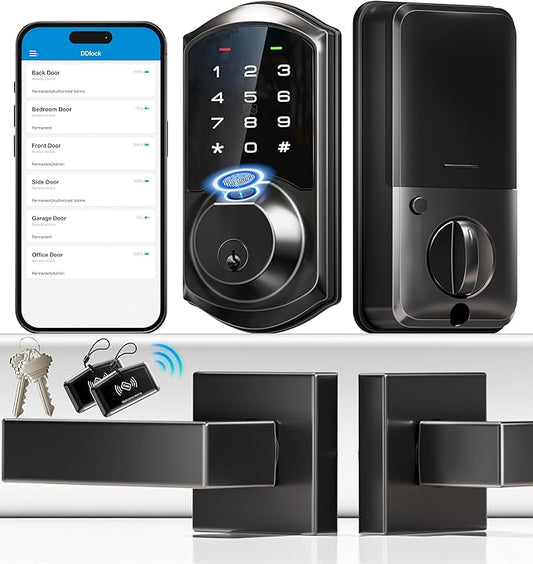 Veise VE07-L Fingerprint Smart Locks for Front Door with 2 Lever Handle Set, App Control, Keyless Entry, Electronic Digital Keypad Deadbolt, Auto Lock, Waterproof, Easy to Install, Matte Black