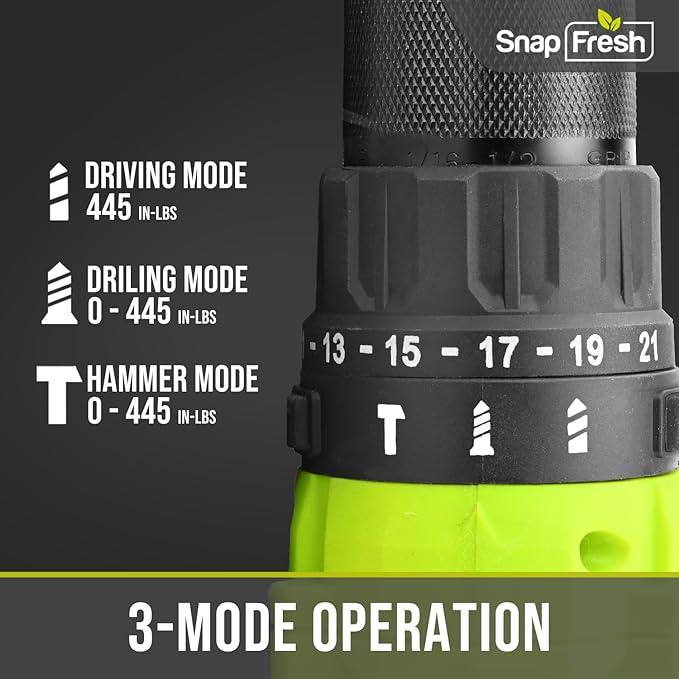 SnapFresh 20V Cordless Impact Drill-1/2" Power Drill/Driver Set,445in-lbs Torque Max,2 Variable Speeds, 43Pcs Bits w/case,2.0Ah Battery & Fast Charger Included, Power Tools