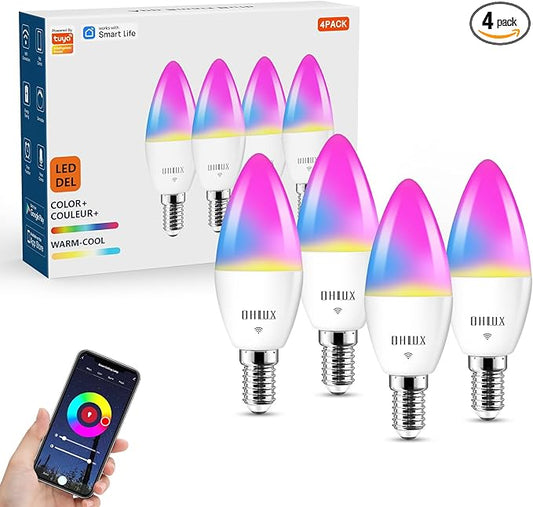 OHLUX Smart Candelabra LED Light Bulbs, 4W 40W Equivalent E12 Base, Compatible with Alexa Google Assistant, Color Changing Bulbs with 16 Million Colors, 2.4GHz WiFi, 4 Pack