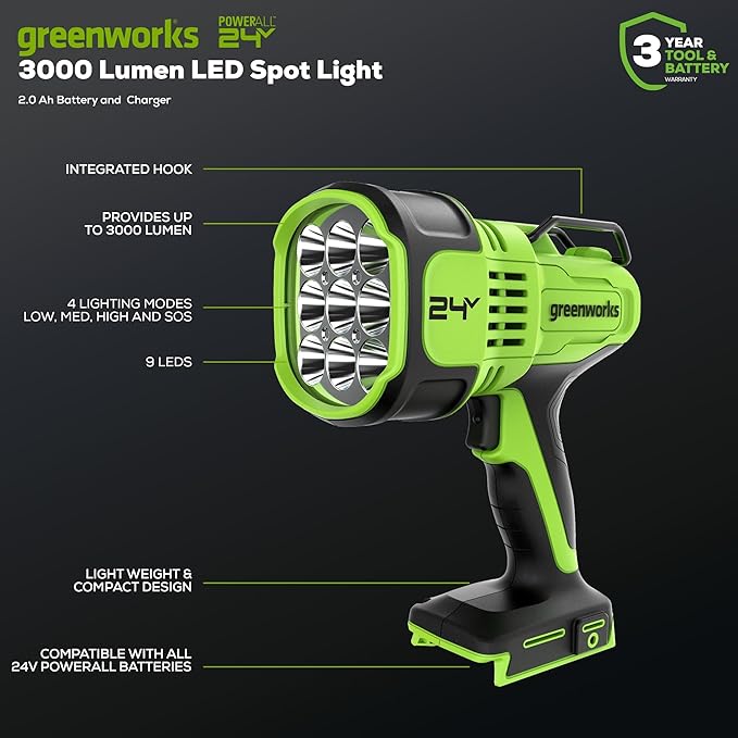 Greenworks 24V Brushless 3 pcs Cordless Power Tool Combo Kit, 310 in-lbs Drill Driver, 1950 in-lbs Impact Driver, 3000 Lumen Spotlight, with 2 2Ah Battery and Charger