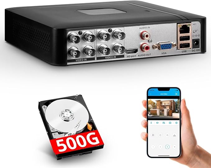 8 Channel Security DVR Recorder with 500G HDD, 8CH Hybrid 6-in-1 CCTV DVR for Surveillance Camera, Supports 8CH Analog Cameras, DVR for Security Camera Home Surveillance System, Mobile APP & PC Remote