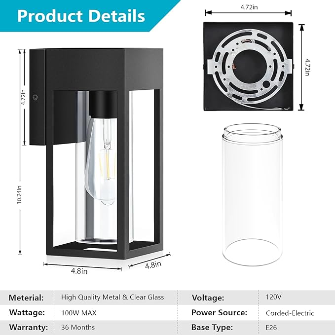 2-Pack Outdoor Wall Light Fixtures, Exterior Waterproof Lanterns, Porch Sconces Wall Mounted Lighting with E26 Sockets & Glass Shades, Modern Matte Black Wall Lamps for Patio Front Door Entryway