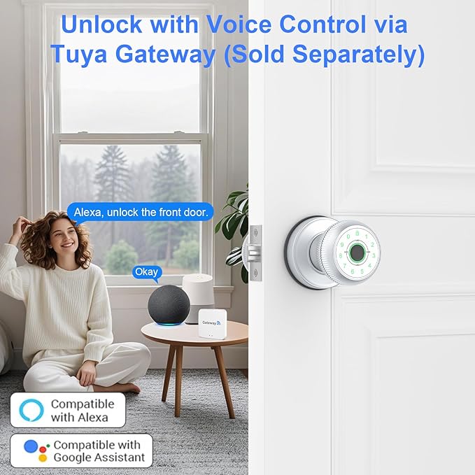 5-in-1 Smart Door Knob, Fingerprint Door Knob with App Control, Smart Fingerprint Door Lock,Auto Lock, Ideal for Home, Bedroom, Office, Chrome