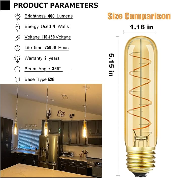 Leools Vintage T10 LED Edison Light Bulb Super Thin Filament, 40 Watt Warm Light Vanity Night Amber Bulbs, Dimmable Tubular Incandescent E26 LED Edison Bulb 40W Warm Warm 2200K, 6 Pack