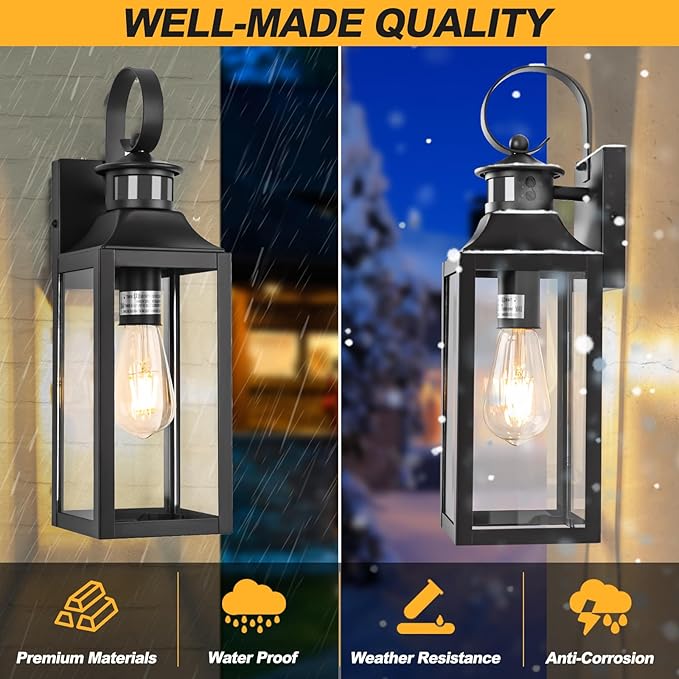 Motion Sensor Outdoor Wall Lights 2 Pack, Black Dusk to Dawn Light Fixtures Wall Mount, 16" Exterior Wall Sconces Waterproof, Large Outside Lamps for House, Modern Porch Lanterns 3 Modes