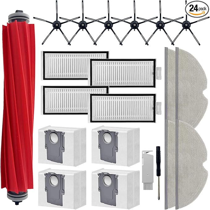 21 Pcs Replacement Parts Compatible for Roborock Q7+ Q7 Max+ Vacuum Cleaner Accessories Kits, 1 Main Brush 4 Mop Pad 4 Hepa Filters 6 Side Brush 4 Vacuum Bags 1 Cleaning Tool 1 Screwdriver