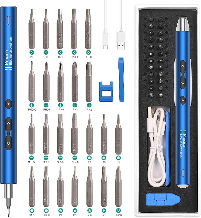 ORIA Electric Screwdriver，28 in 1 Cordless Mini Electric Screwdriver Set with 24 Bits, Rechargeable Repair Tool Kit with Type-C Charging for Mobile Phone,Toy,PC, Blue