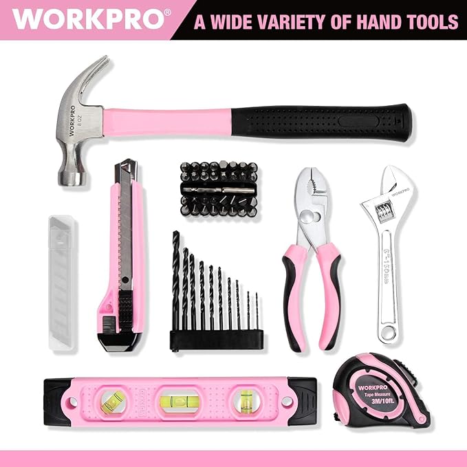 WORKPRO 12V Pink Cordless Drill Driver and Home Tool Kit, Hand Tool Set for DIY, Home Maintenance, 14-inch Storage Bag Included - Pink Ribbon