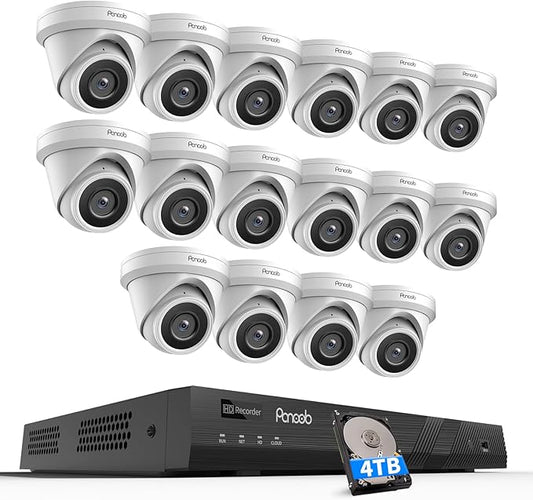 16 Channel Security Camera System, 16pcs 5MP Wired IP Turret Dome PoE Cameras Outdoor, AI Human Detection, Built-in Mic, Remote Access, 4K 16CH NVR 4TB HDD for 24-7 Recording, PD93A1616-5M