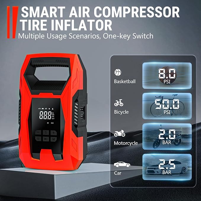 CARSUN AC/DC Tire Inflator Portable Air Compressor, Dual Power for Home 110V AC and Car 12V DC Air Pump with Pressure Gauge, Auto Shutoff, Tire Pump for Car Motorcycle Bike and Other Inflatables, Red