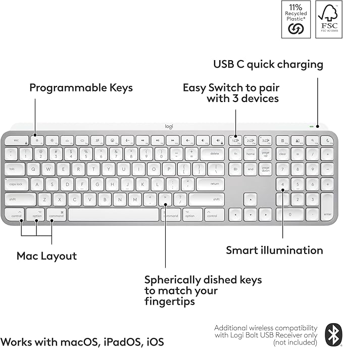 Logitech MX Keys S for Mac, Wireless Keyboard, Fluid, Precise Laptop-Like Typing, Programmable Keys, Backlit, Bluetooth USB C Rechargeable for MacBook Pro, MacBook Air, iMac, iPad - Pale Grey