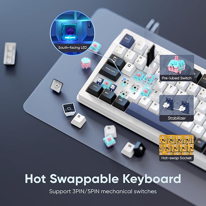 RedThunder K95 Wireless Mechanical Keyboard, TFT Screen & Knob, Tri-Mode BT5.0/2.4GHz/USB-C Hot Swappable Custom, Pre-lubed Linear Switches, Gasket Structure, RGB Gaming Keyboard, Snowy White-Blue