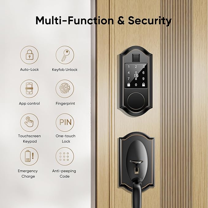 Fingerprint Smart Front Door Lock Set, Keyless Entry Door Lock & Front Door Handle Set, App Control, Digital Touchscreen Keypad, Smart Locks for Front Door, Easy Install, Oil Rubbed Bronze