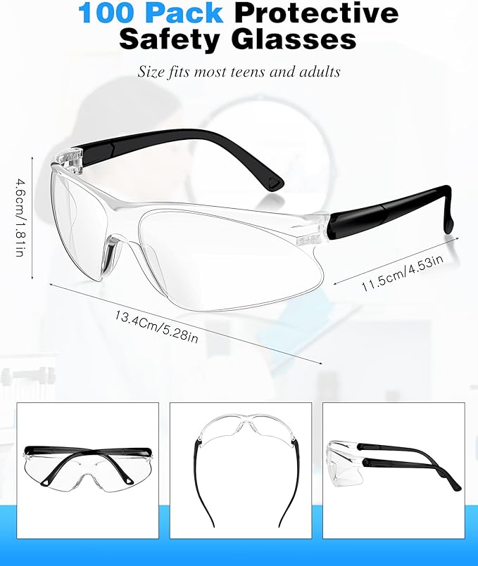 Xuhal 100 Pair Safety Glasses Bulk Clear Eye Protection Ansi Z87.1 Protective over Eyeglasses