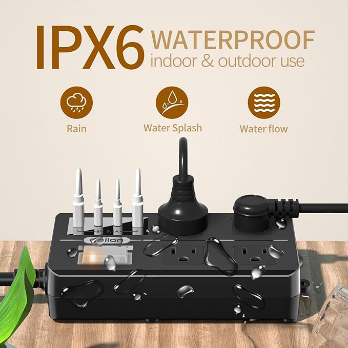 IPX6 Outdoor Power Strip Weatherproof, Waterproof Surge Protector with 4 Wide Outlet with 2A2C USB Ports, 15FT Long Extension Cord, Wall Mountable for Outside Decorations and More UL Listed(Black)