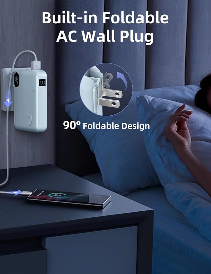 RORRY Portable Charger Built in Cables, AC Wall Plug in Portable Charger Power Bank 10000mAh Travel Battery Pack 22.5W Fast Charging for iPhone 16/15/14 Samsung Galaxy S24/S23/S22 Pixel LG iPad, Blue