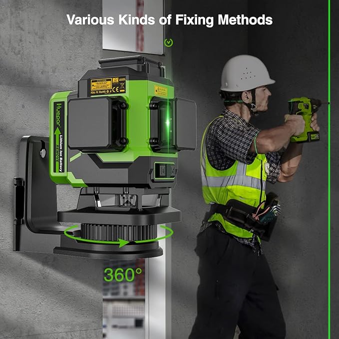 Huepar 3D Self Leveling Laser level for Tiling Floor Ground Etc., 2 Li-ion Batteries, 3x360 Cross Line Green Beam Laser Level with Type-C Charge Port & Magnetic Bracket, Hard Carry Case-LS03DG