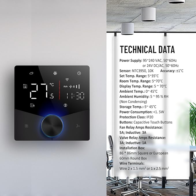 Central AC Thermostat Smart Energy Saving Control LED Panel Touch Key Thin Wall Mount Cool Lighting Effect WiFi Air Conditioner Thermostat for Home (Black)