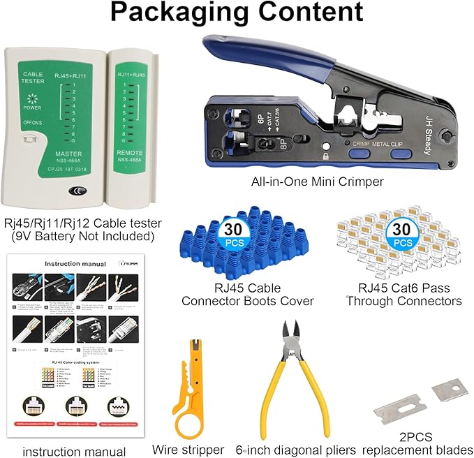 Pass Through RJ45 Crimp Tool Kit, Ethernet Crimping Tool Kit for Cat5/Cat5e/Cat6 with Cable Tester, 30PCS Connectors & Boots, Wire Crimper Stripper Cutter for Network Installation
