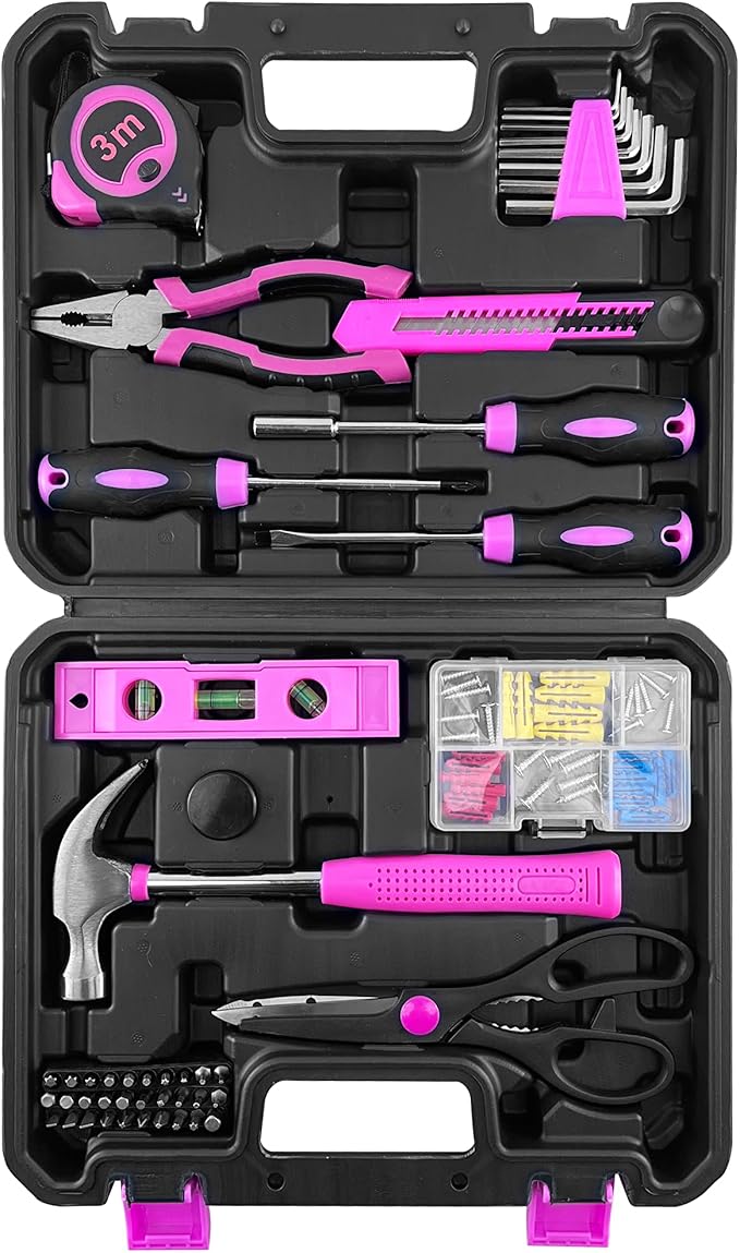 SOLUDE Pink Tool Set,102-Piece Home Pink Tool Kit for Women with Storage Case, Basic Household Tool Set for Apartment,Office,College Dorm & DIY Projects