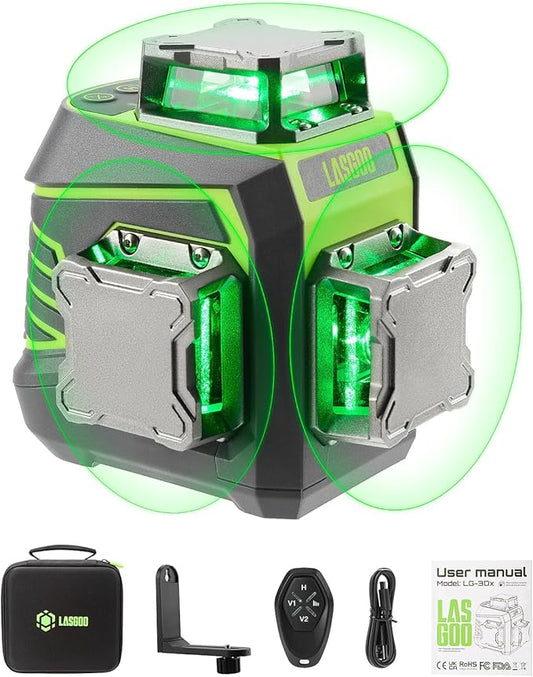 Laser Level 3x360° Self Leveling, 3D Green Cross Line Laser for Construction and Picture Hanging, Rechargeable Battery, Remote Control, Magnetic Rotating Stand Included - LG-3Dx