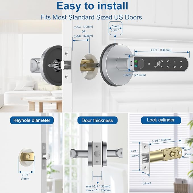 Fingerprint Door Lock, Finger Print Door Knobs Thumbprint Door Knob with App Control/Fingerprints/IC Cards/Codes/Keys, Smart Lock for Bedroom Home Apartment Grey