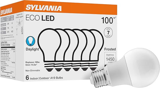 SYLVANIA ECO LED Light Bulb, A19, 100W Equivalent, Efficient 14.5W, 7 Year, 1450 Lumens, Frosted, 5000K, Daylight - 6 Count (Pack of 1) (40884)