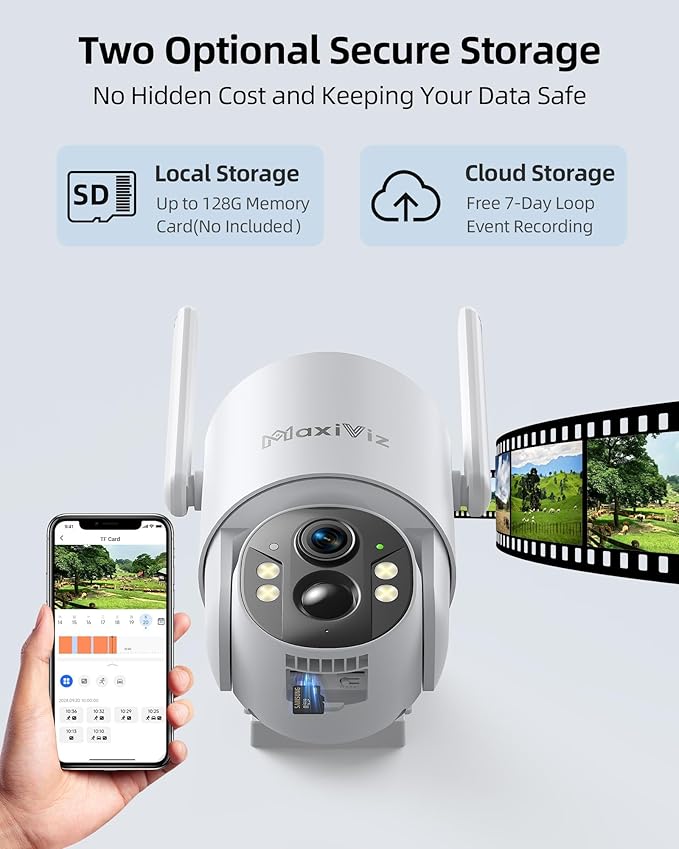 4G LTE Outdoor Solar Powered Cellular Security Camera Wireless, Off-Grid Camera No WiFi, 2.5K UHD Color Night Vision, 360° Live View, Local/Cloud Storage, IP66 Weatherproof, SIM Card, 2 Packs