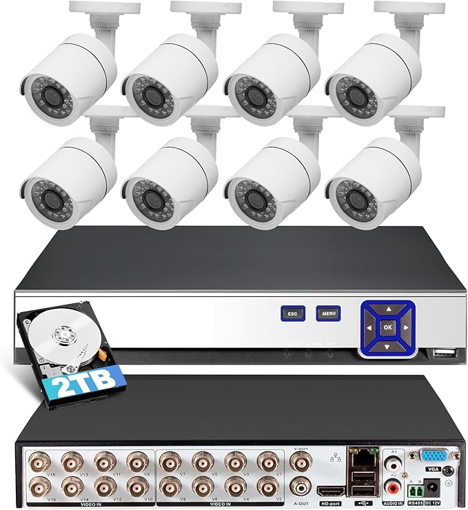 16 Channel Security Recorder DVR System H.265+ Surveillance DVR Recorder with 8pcs Surveillance Camera 24/7 Recording,Remote Access Pre-Installed 2TB Hard Drive