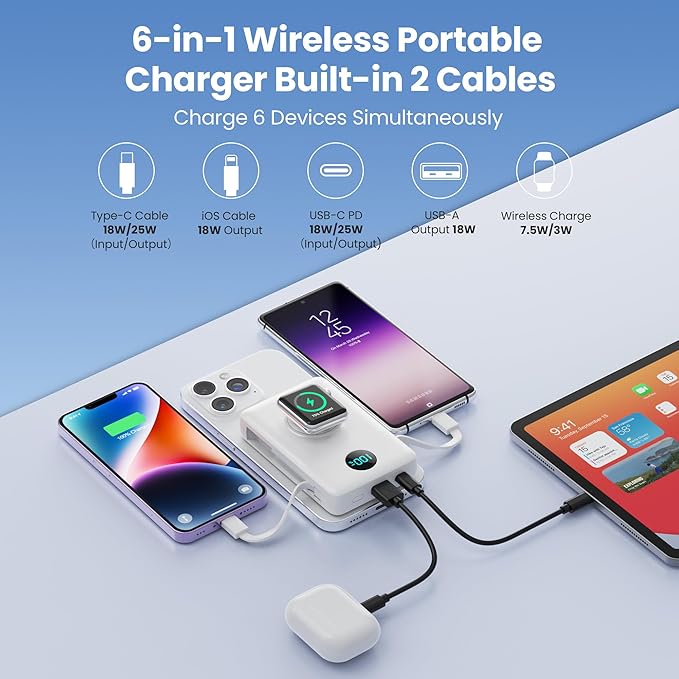 Magnetic Portable Charger 10800mAh for iPhone with Built-in Cables, 6-in-1 Wireless Power Bank with iWatch Charger, 25W PD Fast Charging USB C Battery Pack for iPhone 16/15/14/13/12,Apple Watch(White)