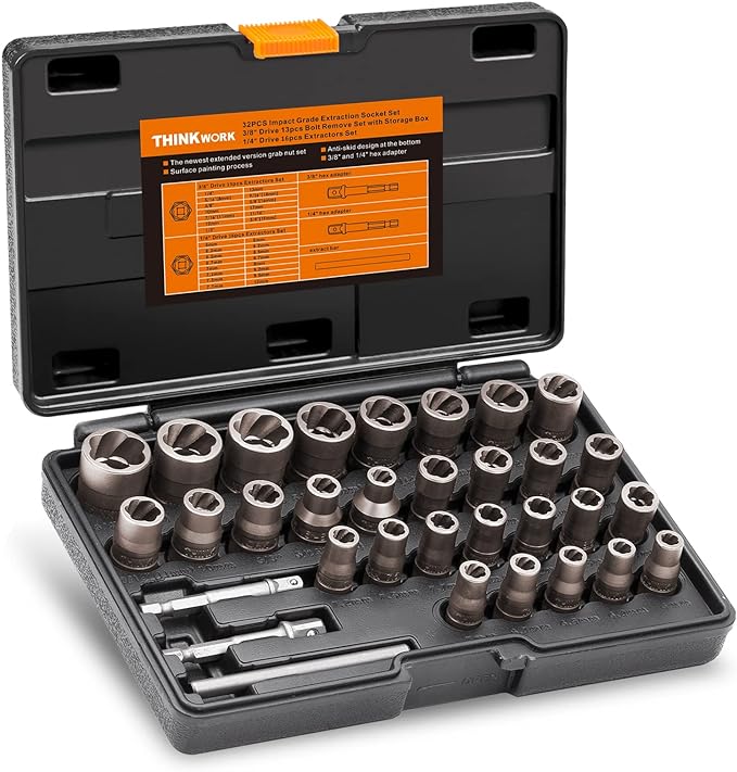 THINKWORK Bolt Extractor Kit, 32-Piece Nut Extractor Socket Set, 1/4" & 3/8" Drive Rounded Bolt Remover, Lug Nut Removal Tool for Damaged, Rusted, Rounded-Off, Stripped Fasteners