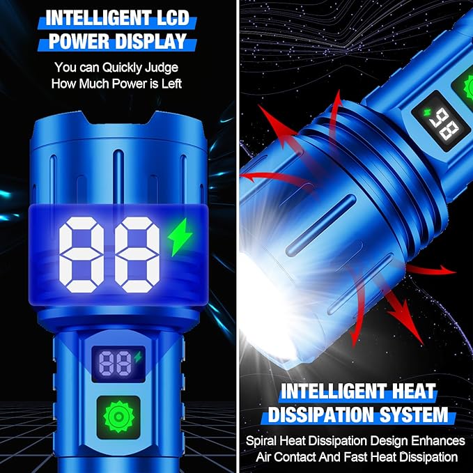 Flashlights High Lumens Rechargeable, Super Bright LED Powerful Flashlight, Type-C, 5 Modes, Zoomable, IPX5 Waterproof High Powered Tactical Flash Light for Emergency Camping,Blue