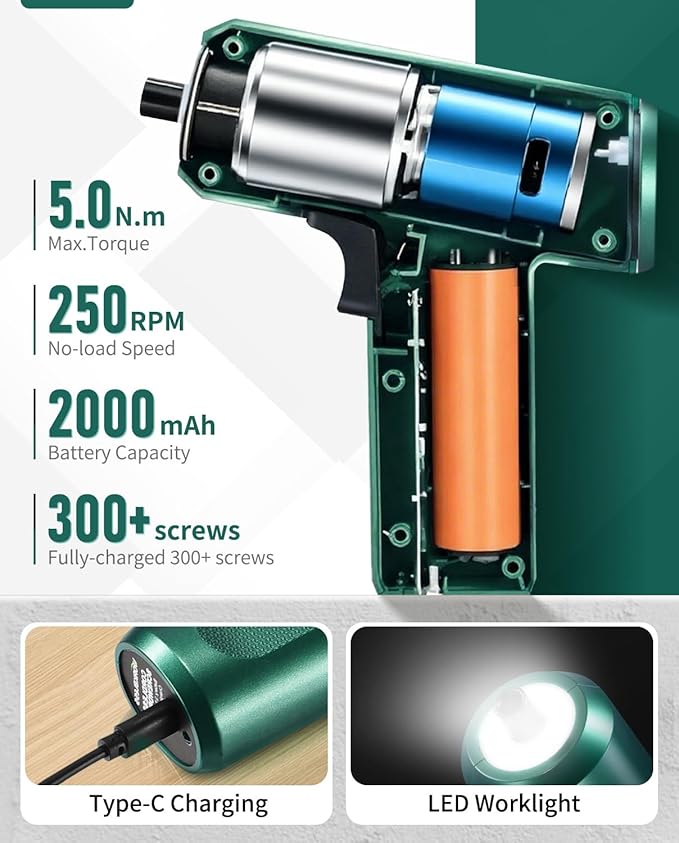 Cordless Screwdriver, 3.7V Electric Screwdriver with LCD Touchscreen Display, 8 Torque Settings, Includes 15Pcs Bits with Carry Bag, USB Cable, Tool Kit for Home DIY Projects