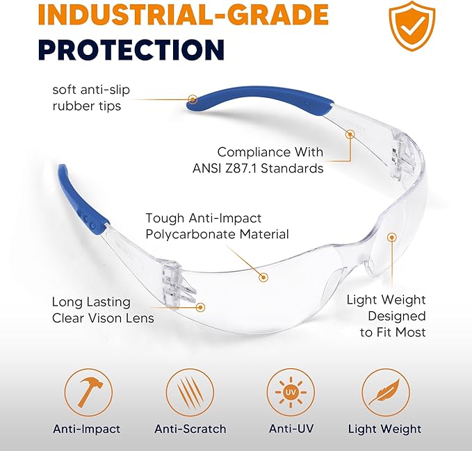 Clear Safety Glasses 24 Pack, Polycarbonate Lens with Rubber Temples, Safety Goggles Anti-Scratch Impact Resistant, Eye Protection for Work Lab Construction, Clear Lens/Blue Frame