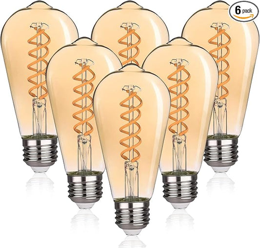 ST19/ST58 Vintage LED Edison Bulb,4.5W Warm White 2500K,Amber Glass Flexible Spiral LED Filament Light Bulb,450Lm Dimmable 4.5W Equivalent to 45W, E26 Base(4.5W-2500K-6 Pack)