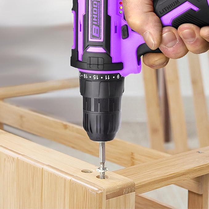 Purple 12v Cordless Drill With Battery And Charger, Electric Screwdriver Kit, 25+1 Torque, Stud Finder Ready,Front LED Light