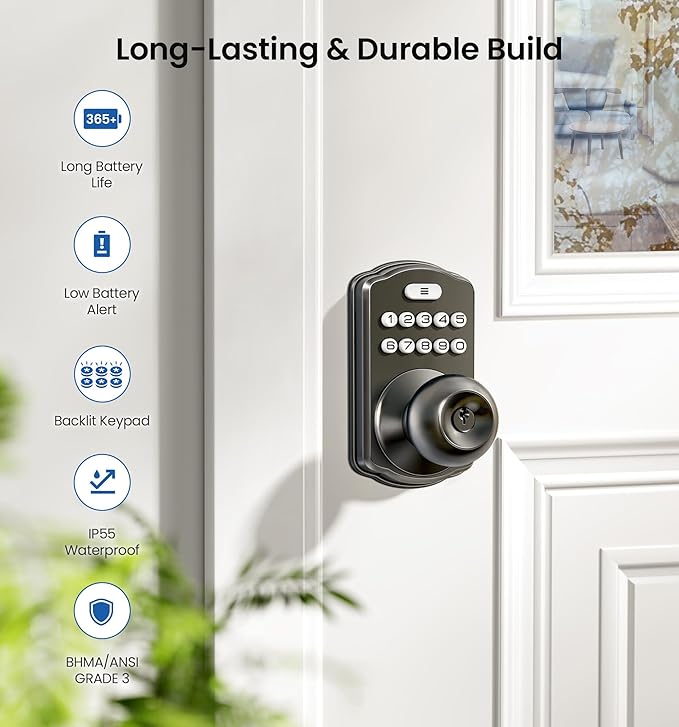 Veise Keypad Door Knob Lock, Keyless Entry Digital Lock with Handle, Electronic Knob for Front Door & Bedroom, Easy Installation, Auto-Locking, Passage Mode, Matte Black