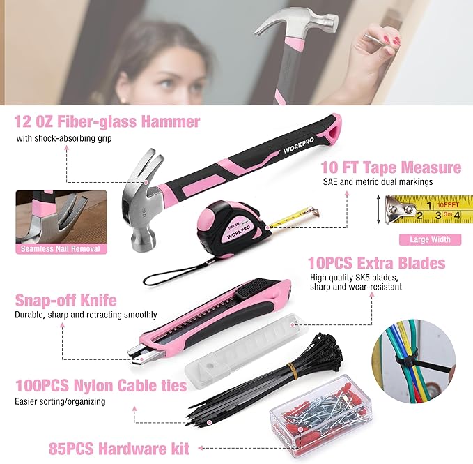 WORKPRO Pink Tool Set, 284 PCS Tool Kit for Women, Basic Household Pink Tool Box with Sockets, Pliers, Ratchet Handle, Portable Toolkit for Home Repair, New Apartment, House-Warming, DIY - Pink Ribbon